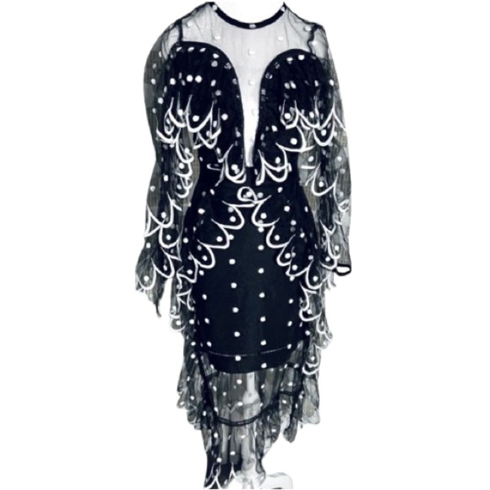 Beautiful! Mesh Sheer Polka Dotted ATHINA Ruffled Dress Small Open Back Bodycon